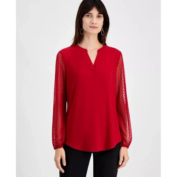 Kasper Women's Petite Sheer-Sleeve Split-Neck Knit Top Blouse Fire Red PS - Picture 1 of 5
